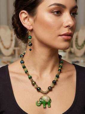 Artisan Green Tigers Eye & Vintage Glass Bead Elephant Pendant Necklace Set